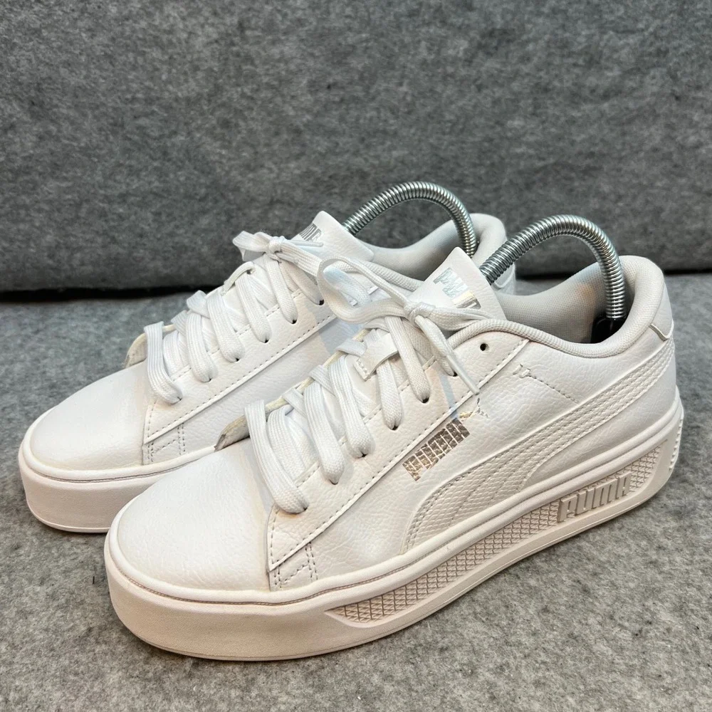 Puma White Leather Platform Sneakers Casual‎ Lace Up Shoes Classic Women's 8.5